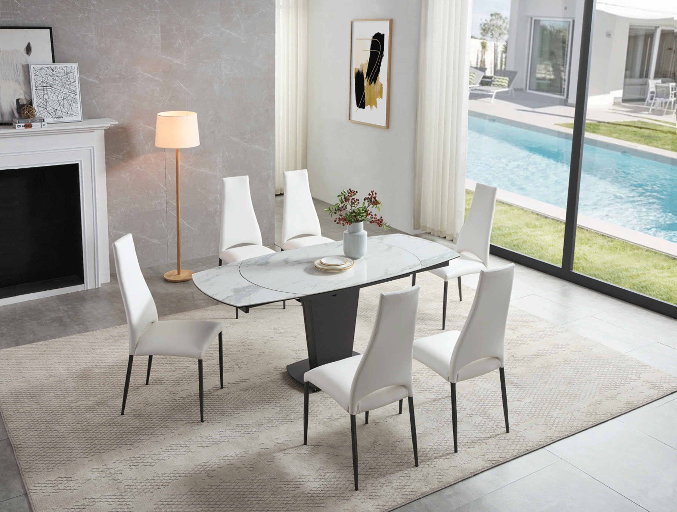 Living Room Furniture Coffee and End Tables 2417 Marble Table White with 3405 White Chairs