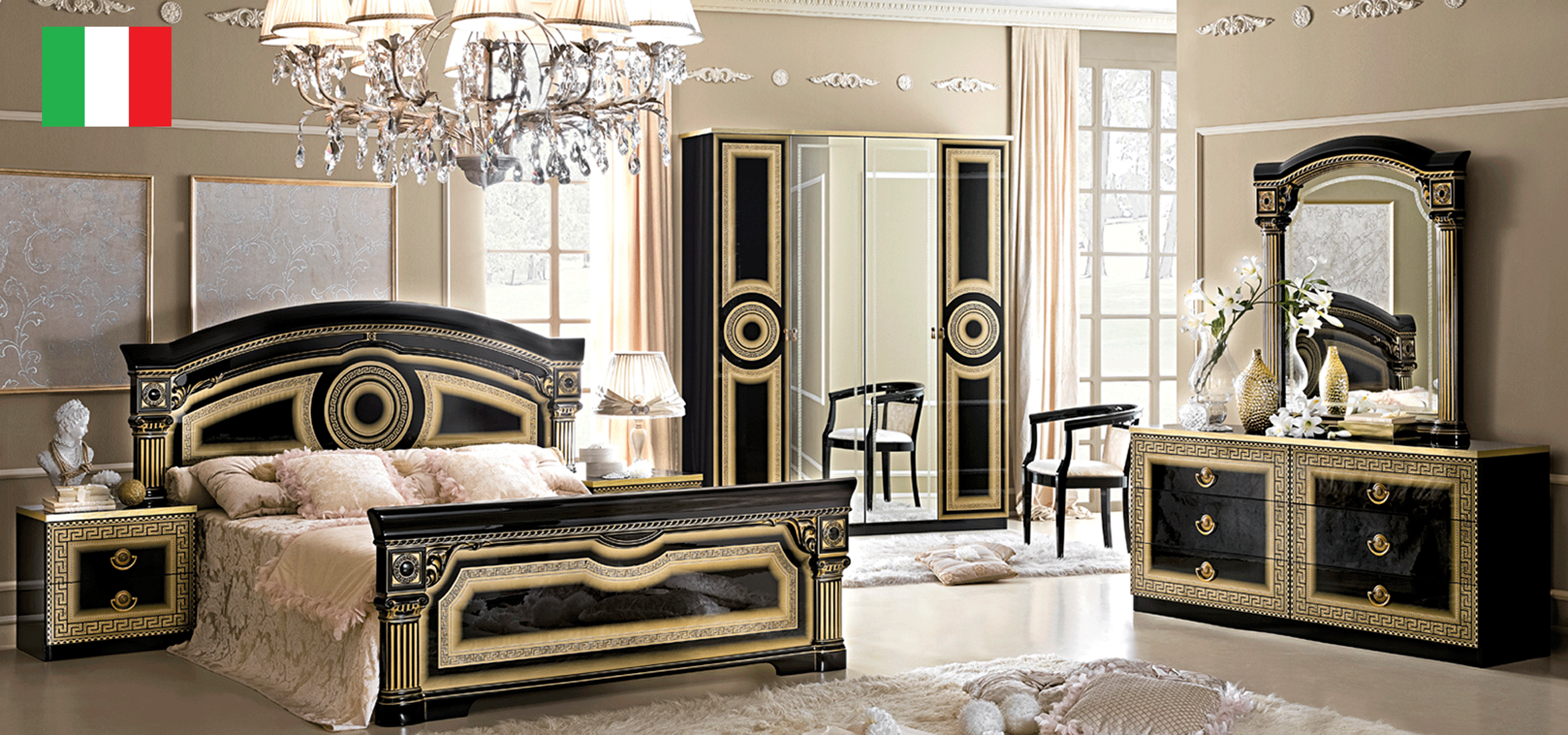 Wallunits Hallway Console tables and Mirrors Aida Bedroom Black w/Gold, Camelgroup Italy