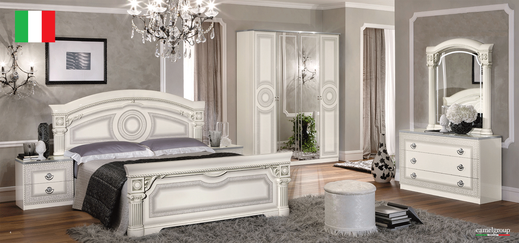Wallunits Hallway Console tables and Mirrors Aida Bedroom, White w/Silver, Camelgroup Italy