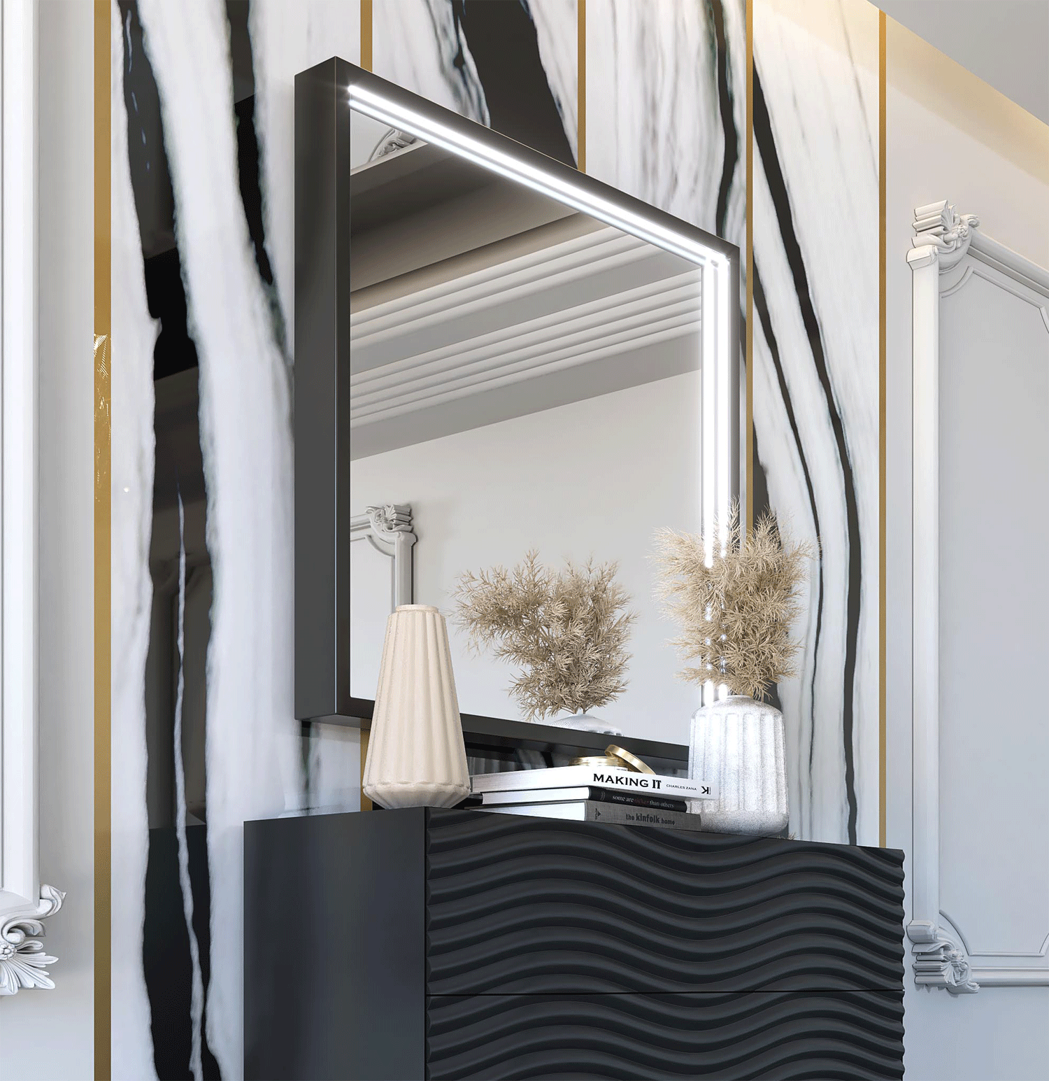 Bedroom Furniture Modern Bedrooms QS and KS Wave DARK GREY mirror for single dresser