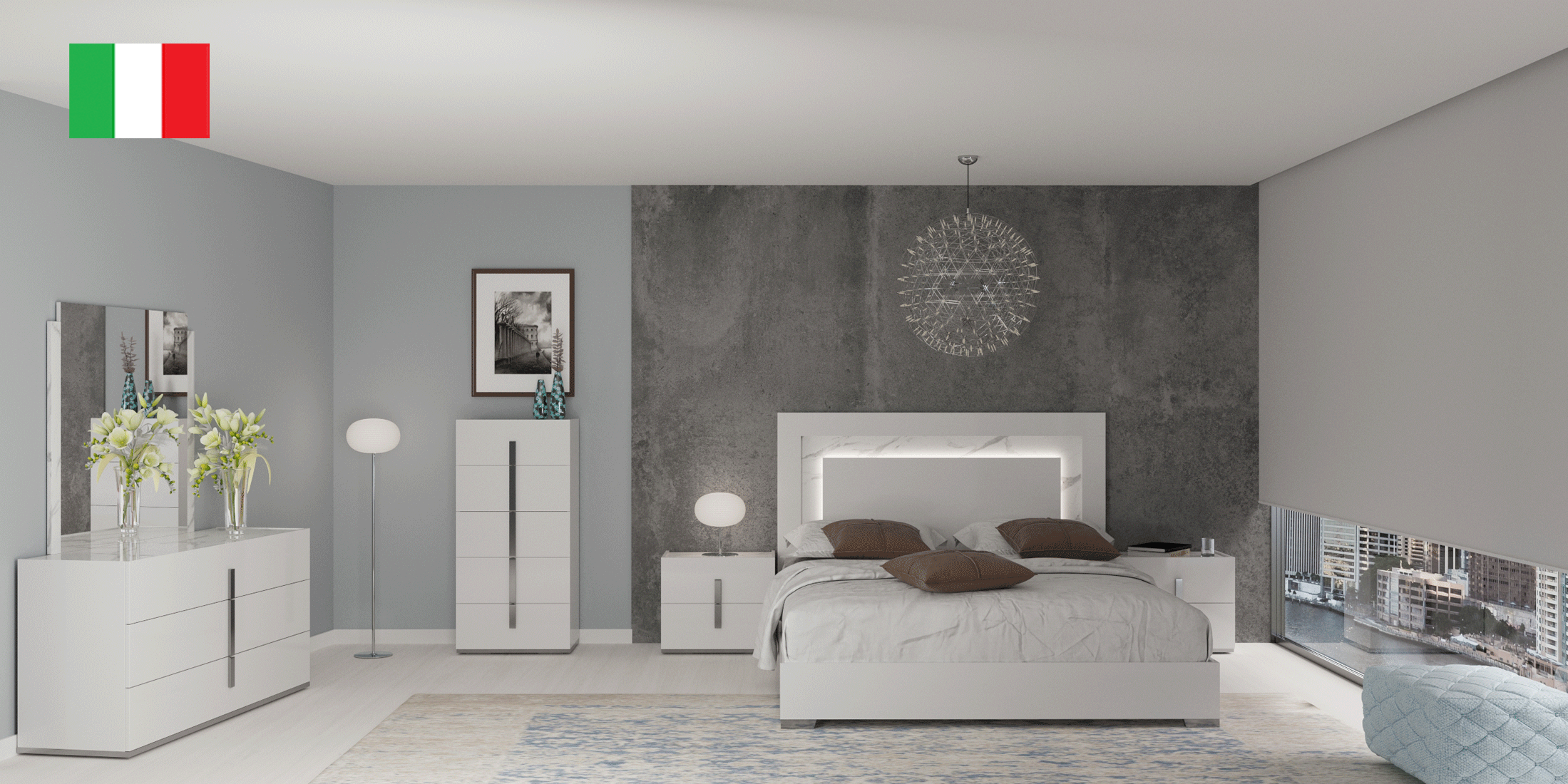 Brands Status Modern Collections, Italy Carrara White Bedroom w/Light