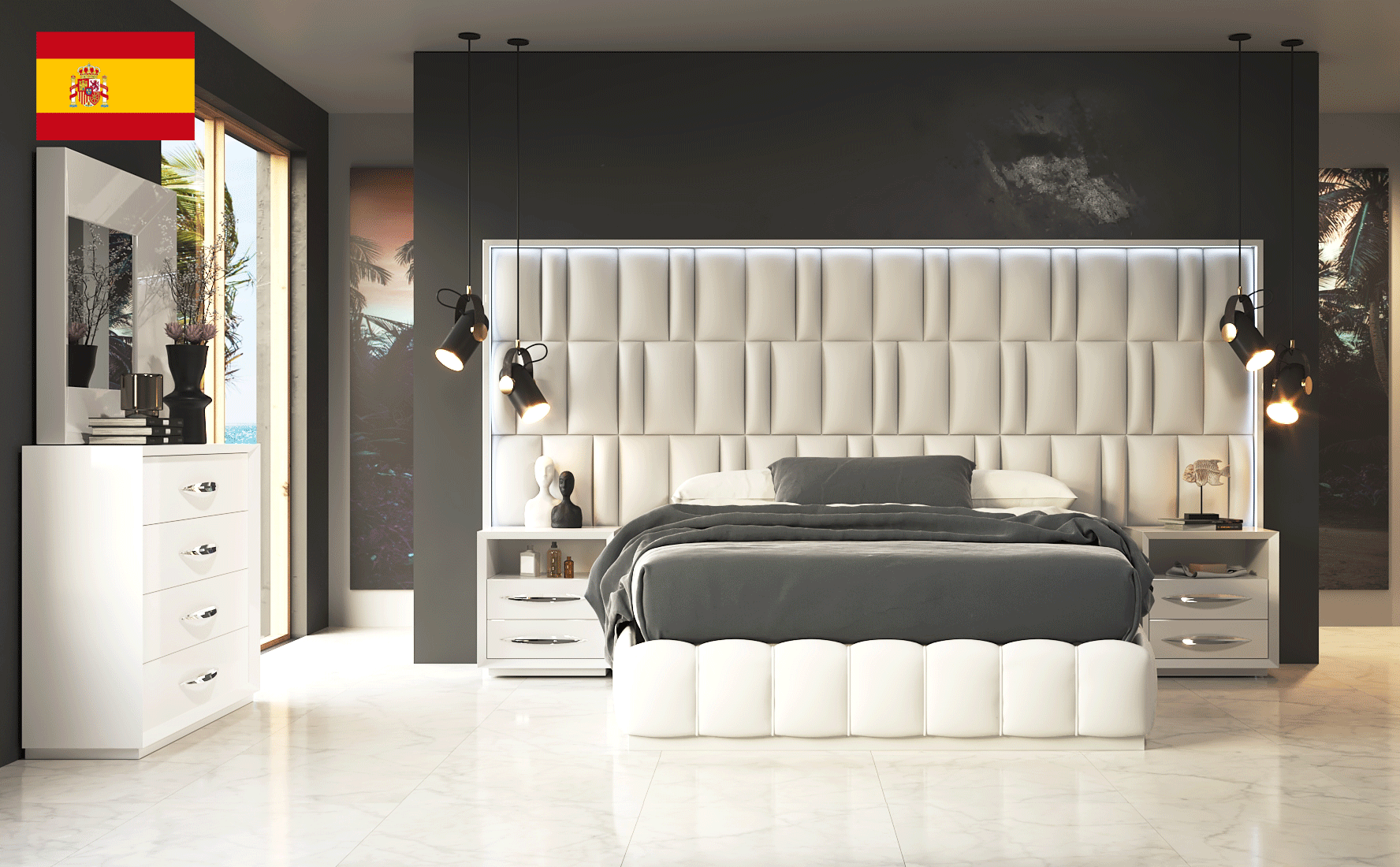 Brands Franco Furniture Avanty Bedrooms, Spain Orion Bed with Emporio Nightstands