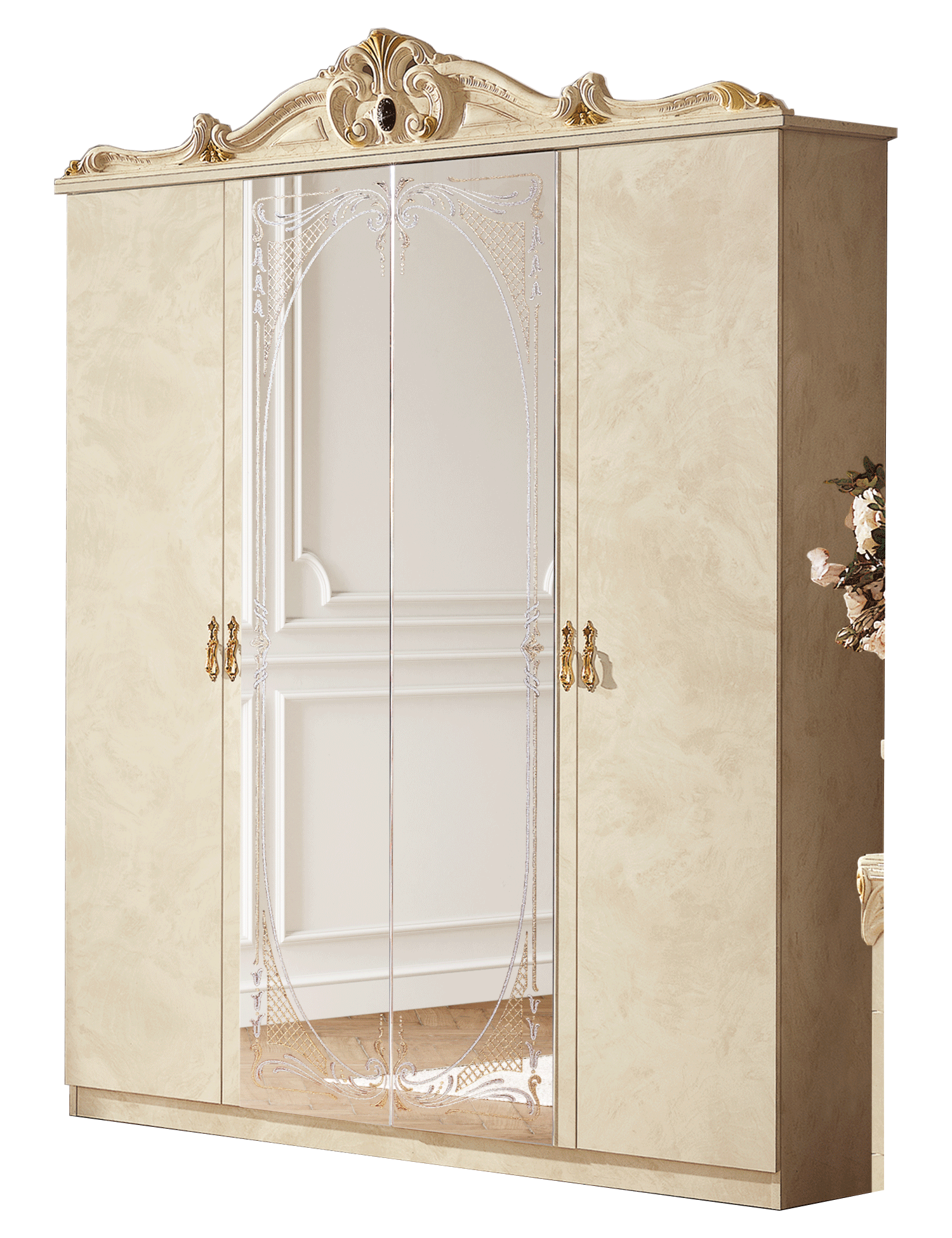 Bedroom Furniture Mirrors Barocco Ivory 4 Door Wardrobe