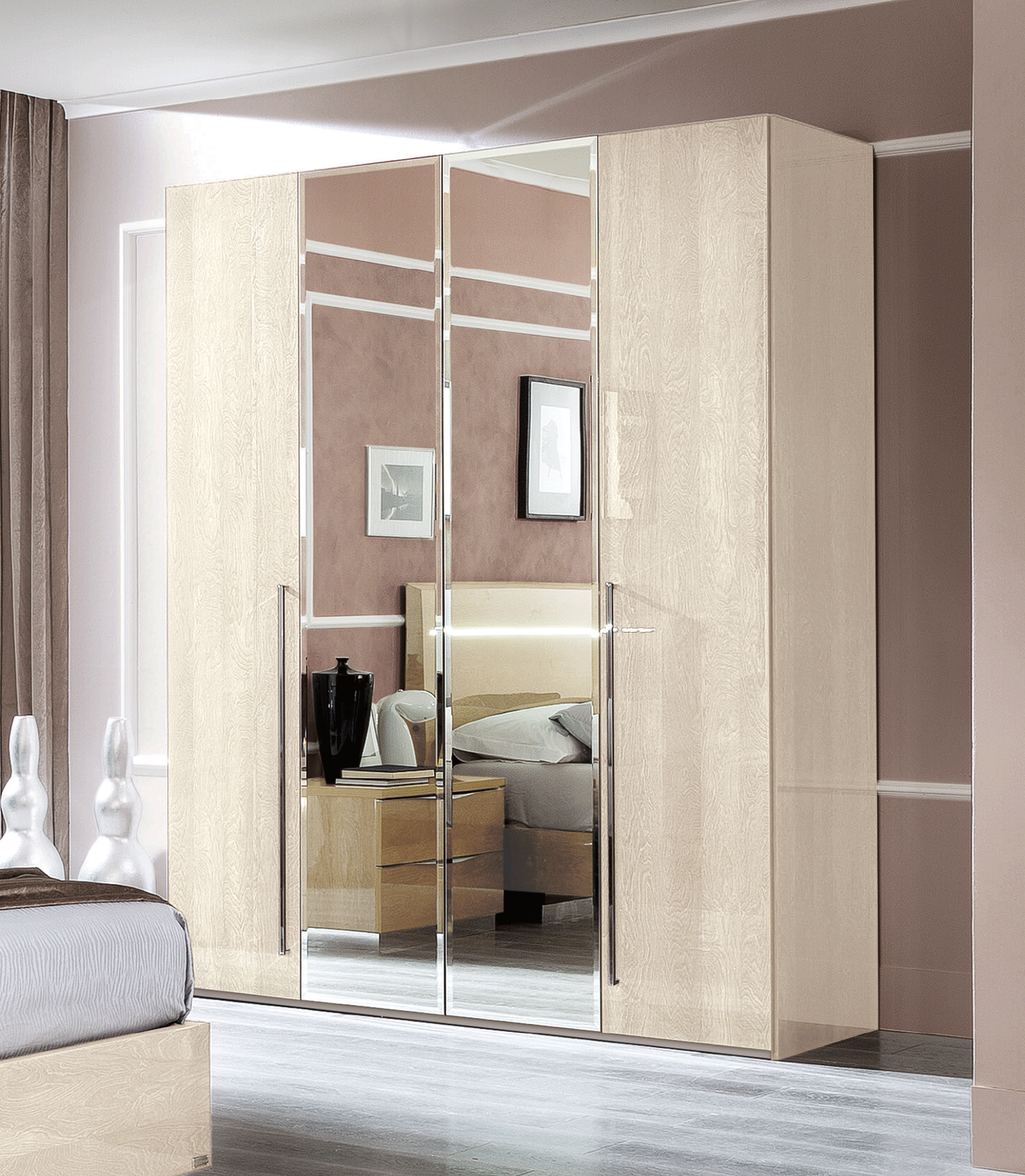 Bedroom Furniture Beds with storage Maia/Platinum/Ambra 4 Door Wardrobe Betulla Sabbia