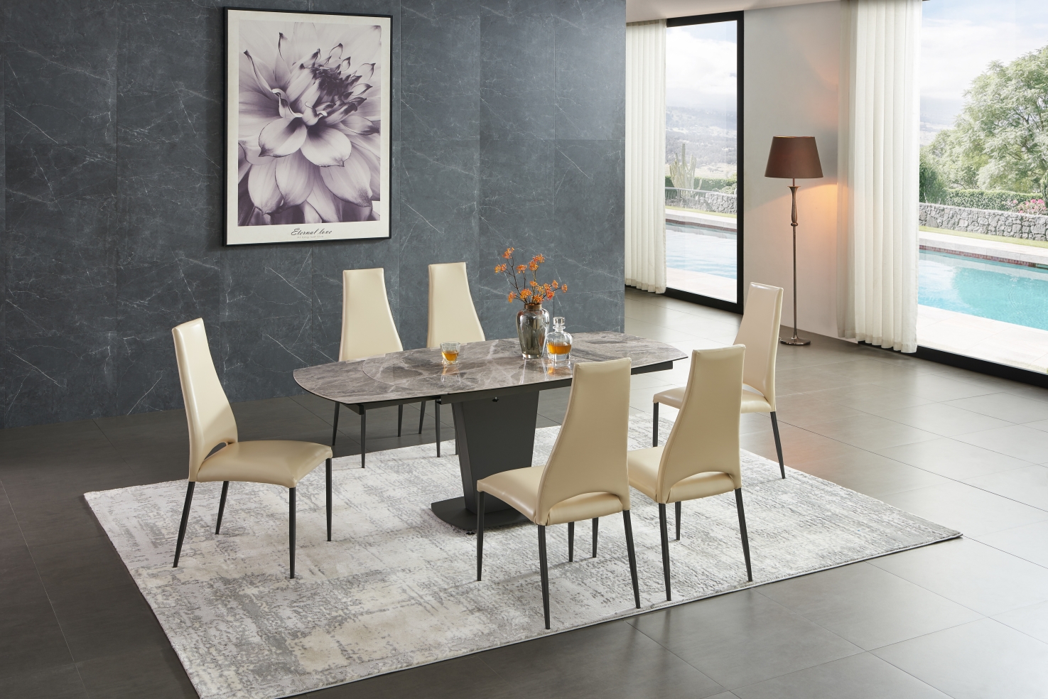 Wallunits Entertainment Centers 2417 Marble Table Grey with 3405 Chairs Beige