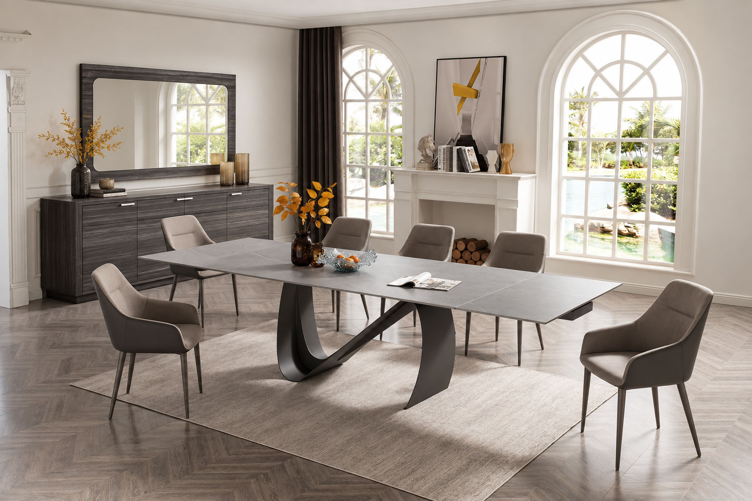 Dining Room Furniture Kitchen Tables and Chairs Sets 9087 Table Dark grey with 1254 chairs and Vulcano Buffet/mirror