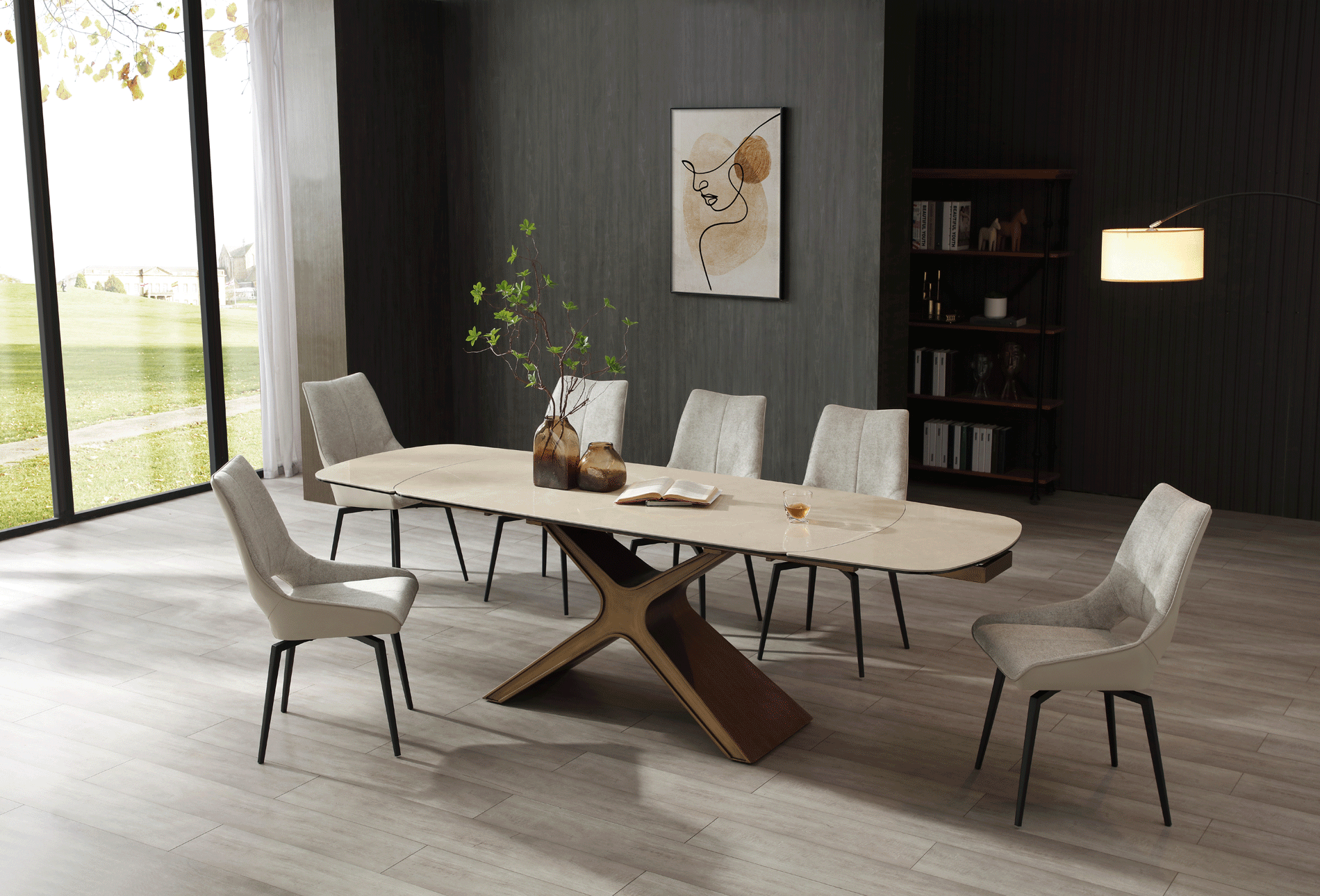 Clearance Dining Room 9368 Table Taupe with 1239 swivel beige chairs