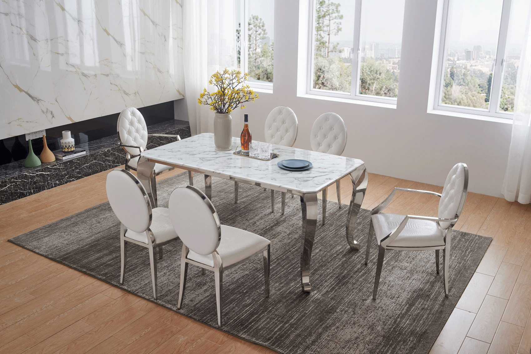 Wallunits Hallway Console tables and Mirrors 110 Marble Dining Table with 110 White Chairs