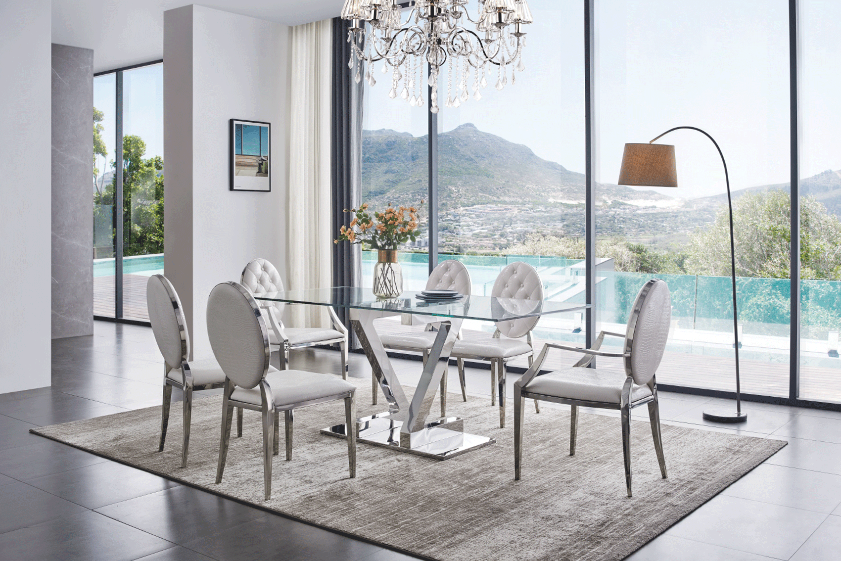 Clearance Bedroom Zig Zag Dining Table with 110 White Chairs